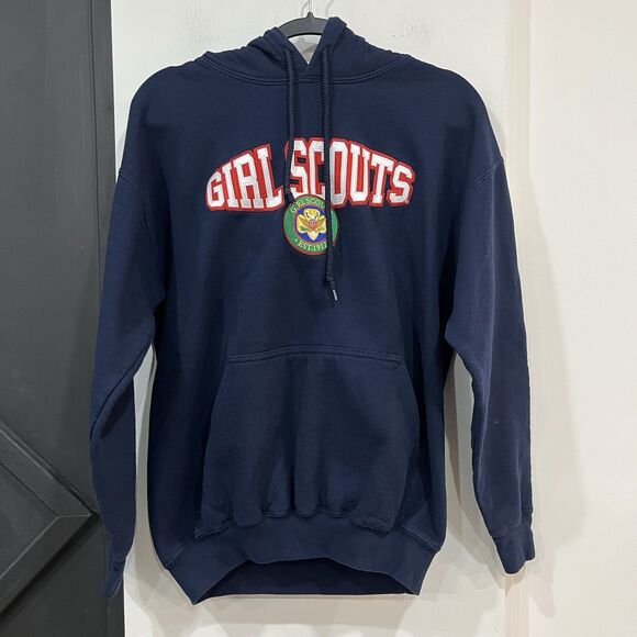 Girl Scouts Embroidered Patch Navy Drawstring Pullover Hoodie Size Medium - Picture 1 of 5